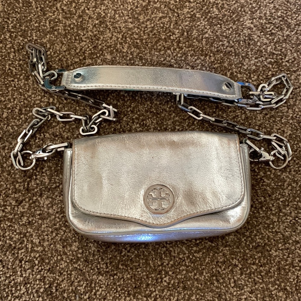 Tory Burch silver metallic mini robinson crossbody/clutch